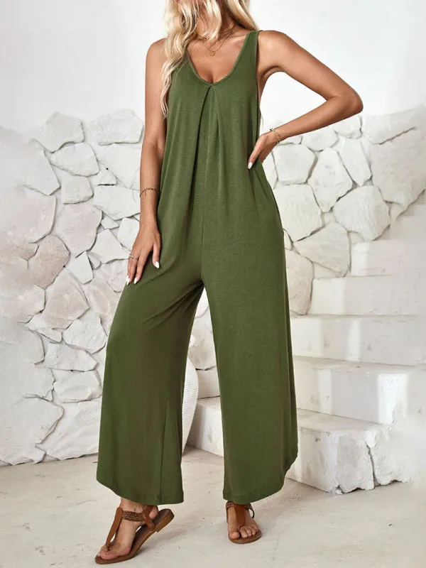 Casual sleeveless V-neck wide-leg jumpsuit with pockets