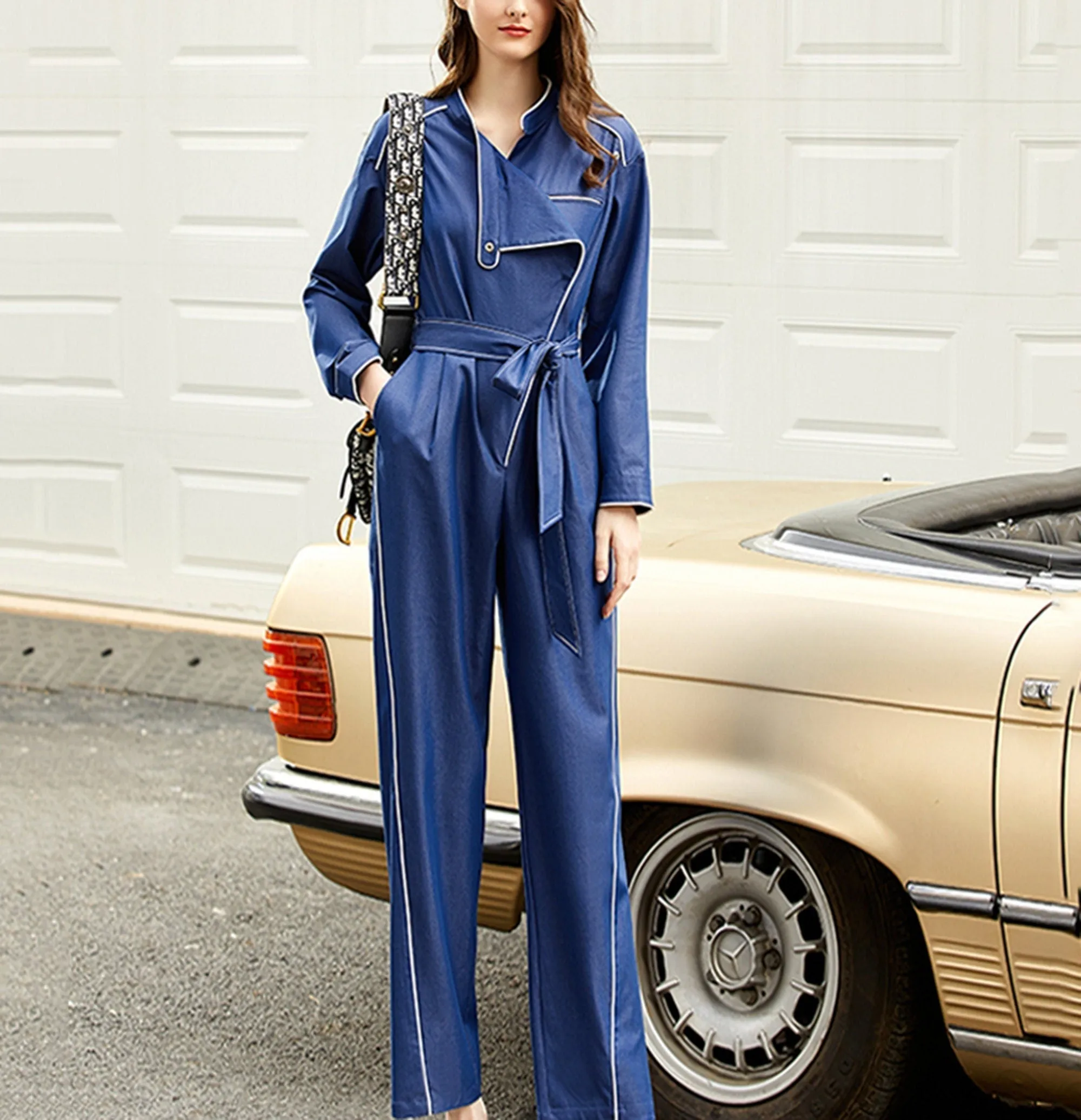 Corrine Blue Belted Long Sleeve Jumpsuit