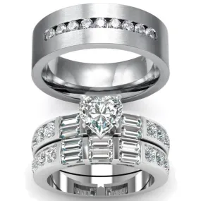 Cubic Zirconia and Rhinestone Stainless Steel Wedding Ring Set