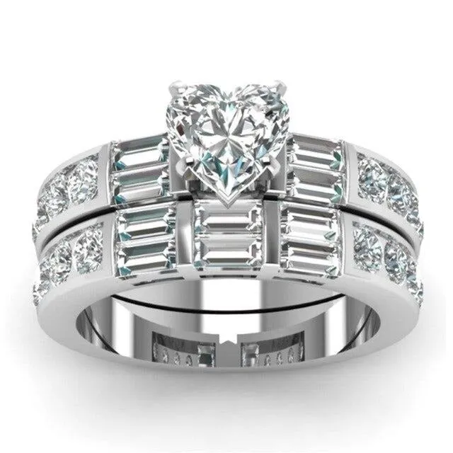 Cubic Zirconia and Rhinestone Stainless Steel Wedding Ring Set