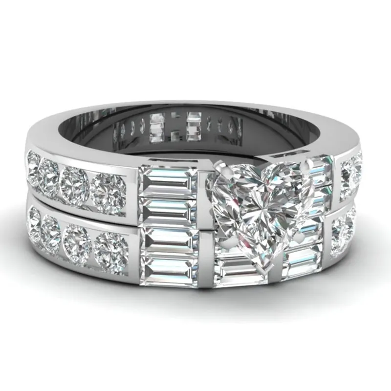 Cubic Zirconia and Rhinestone Stainless Steel Wedding Ring Set