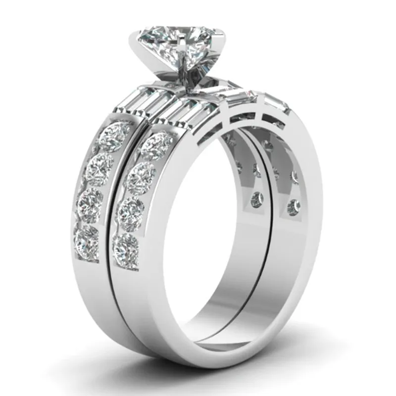 Cubic Zirconia and Rhinestone Stainless Steel Wedding Ring Set