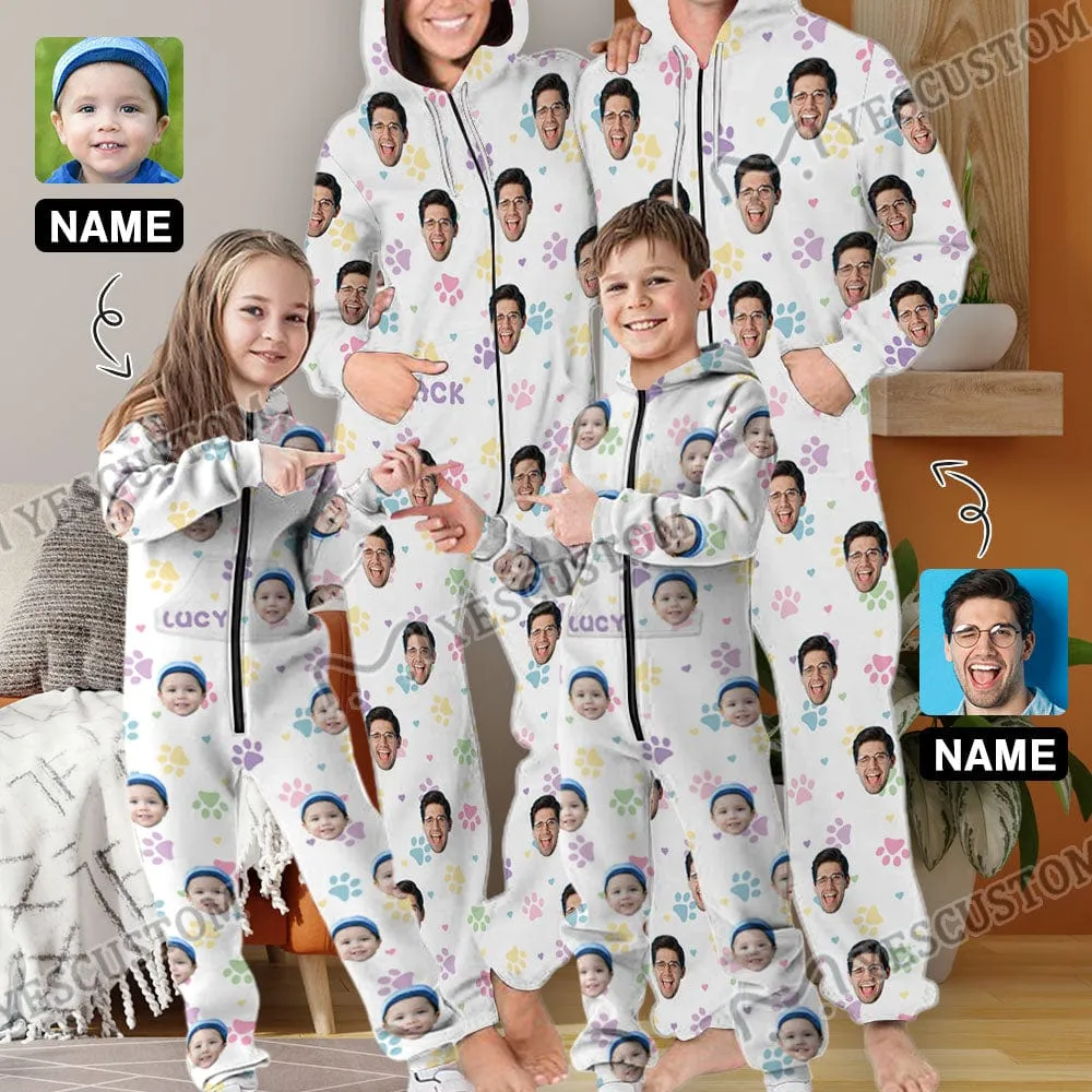 Custom Face&Name Family Hooded Onesie Jumpsuits with Pocket Personalized Zip One-piece Pajamas for Adult kids