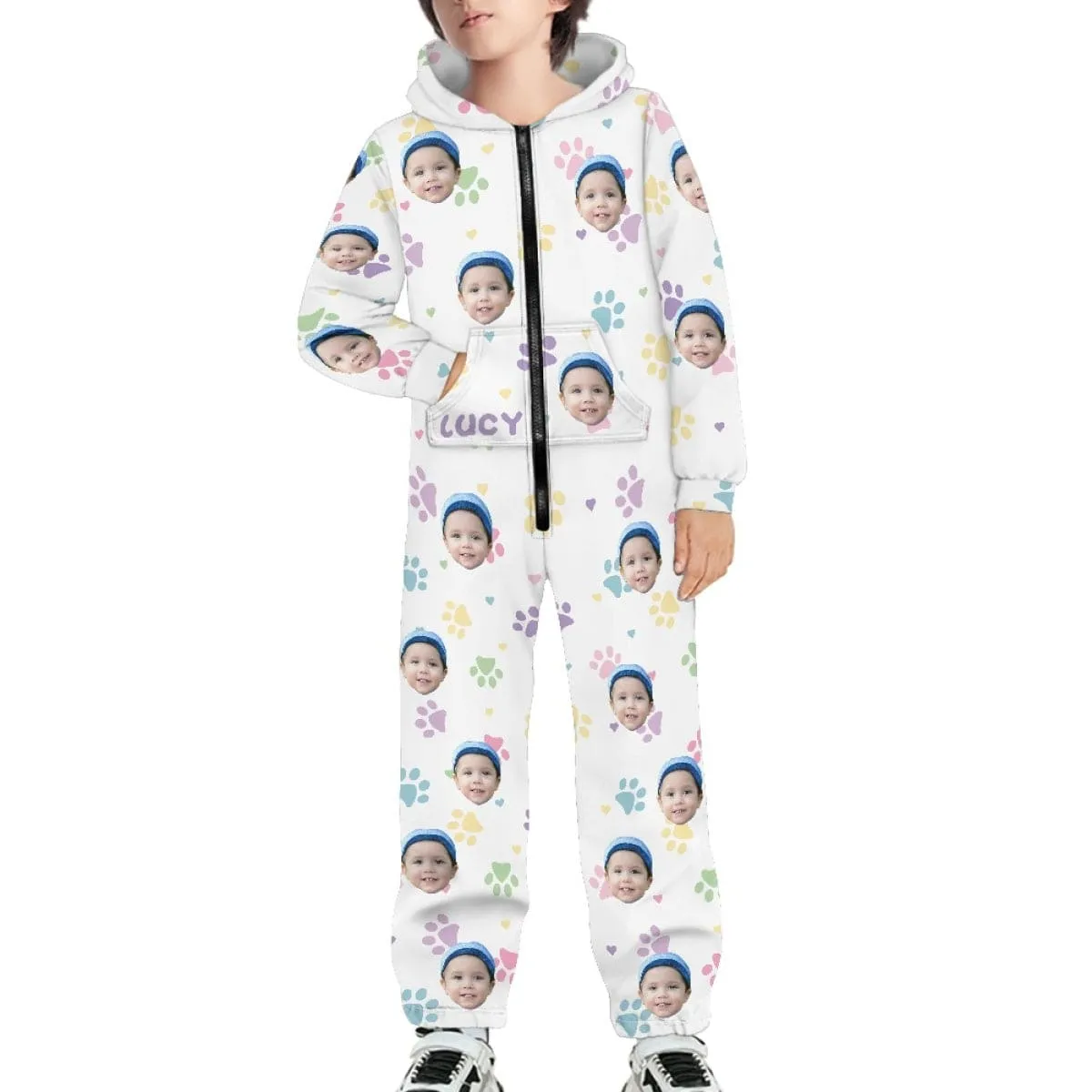 Custom Face&Name Family Hooded Onesie Jumpsuits with Pocket Personalized Zip One-piece Pajamas for Adult kids