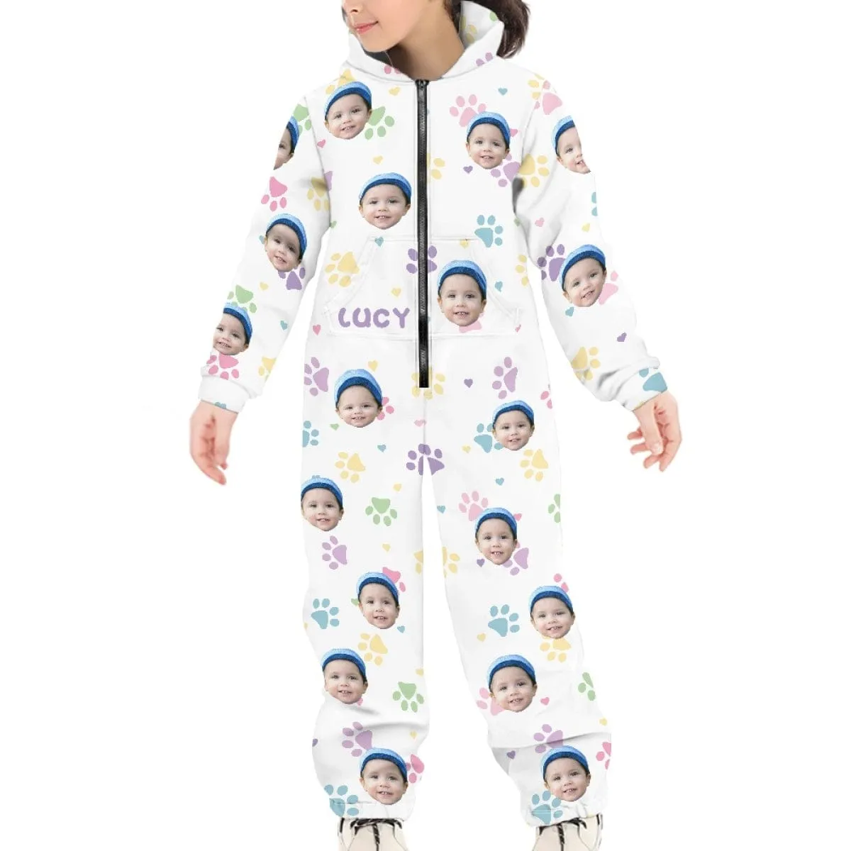 Custom Face&Name Family Hooded Onesie Jumpsuits with Pocket Personalized Zip One-piece Pajamas for Adult kids