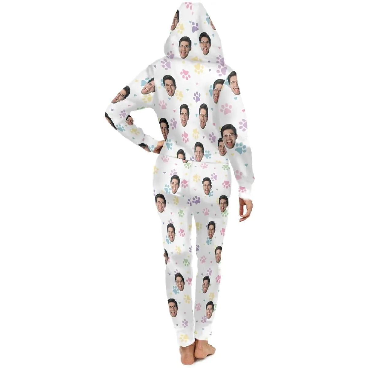 Custom Face&Name Family Hooded Onesie Jumpsuits with Pocket Personalized Zip One-piece Pajamas for Adult kids