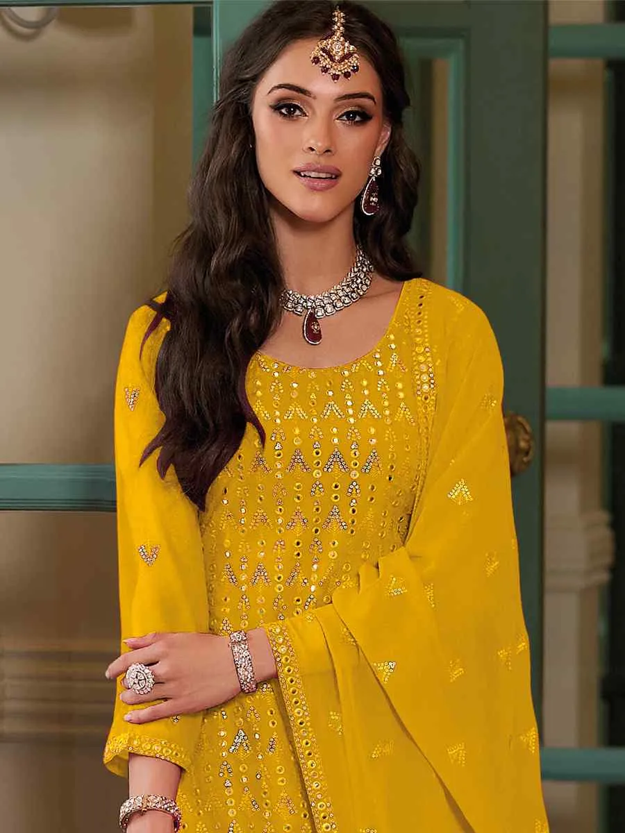 Dazzling Yellow Blooming Georgette Embroidered Festive Pakistani Style Palazzo Suits