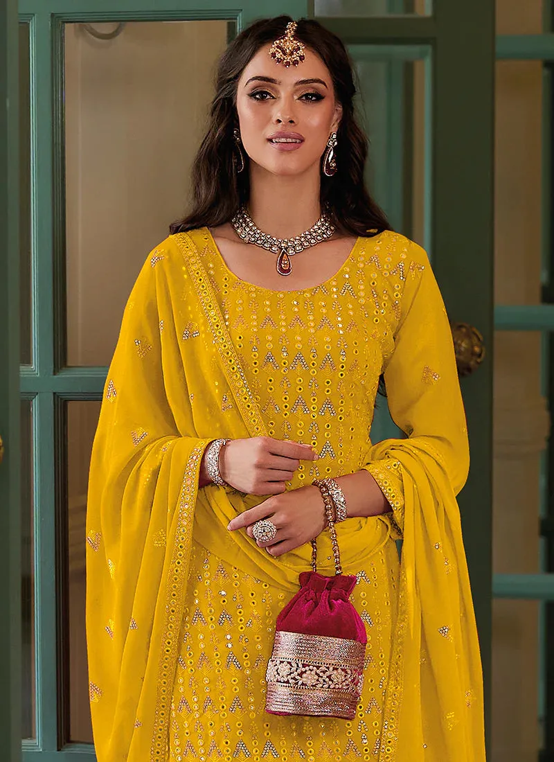 Dazzling Yellow Blooming Georgette Embroidered Festive Pakistani Style Palazzo Suits