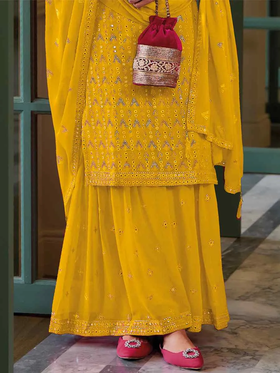 Dazzling Yellow Blooming Georgette Embroidered Festive Pakistani Style Palazzo Suits