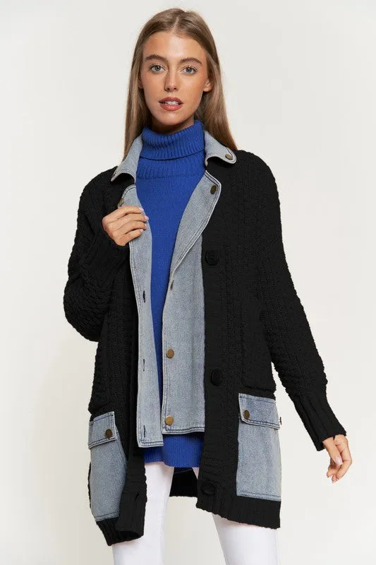 Denim Collar Knit Cardigan