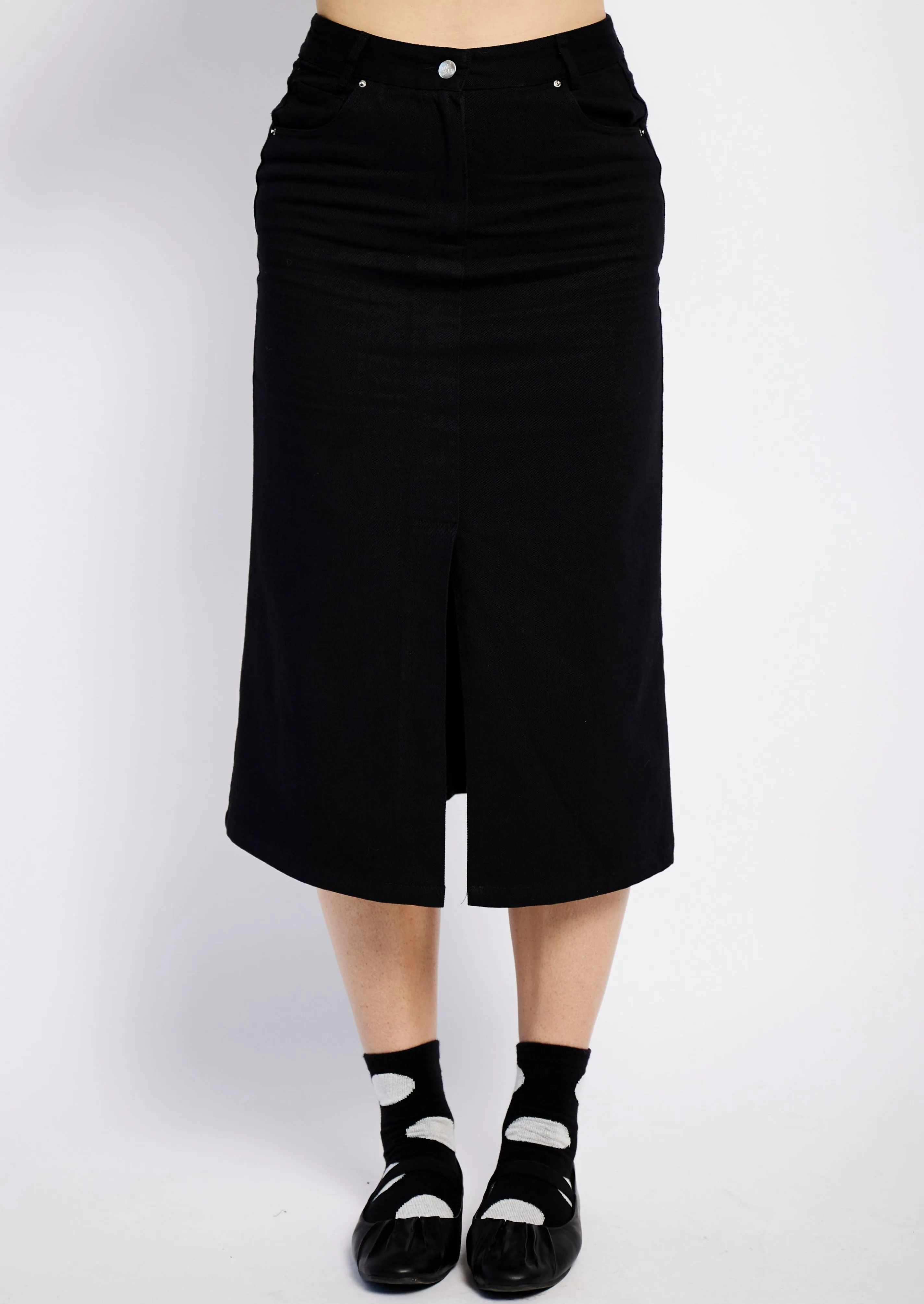 Denim Midi Skirt with Front Slit in Black