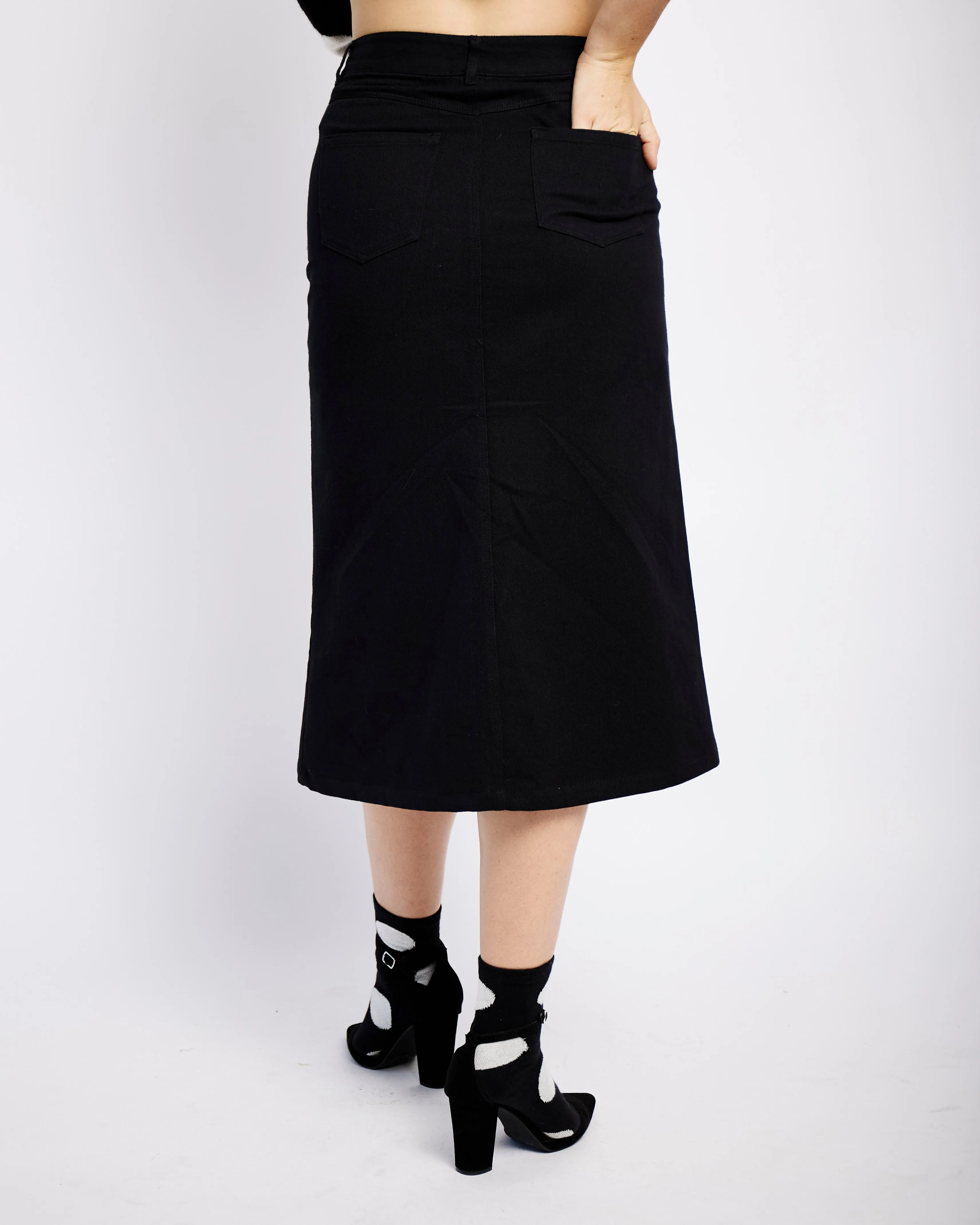 Denim Midi Skirt with Front Slit in Black