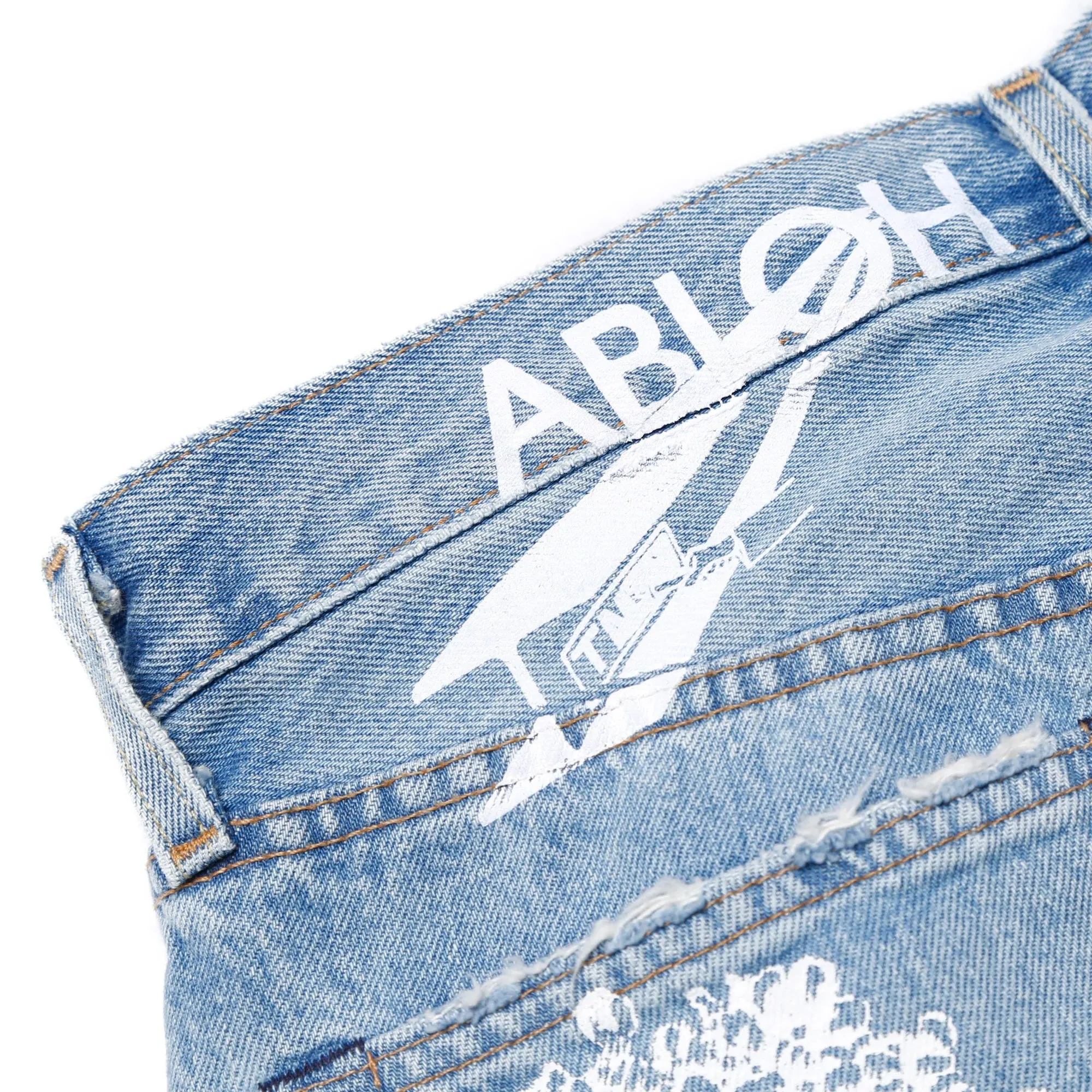 DENIM TEARS X VIRGIL ABLOH "MESSAGE IN A TEAR" PRINTED JEANS BLUE