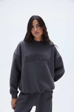 Distressed Varsity Oversized Sweatshirt - Charcoal Grey