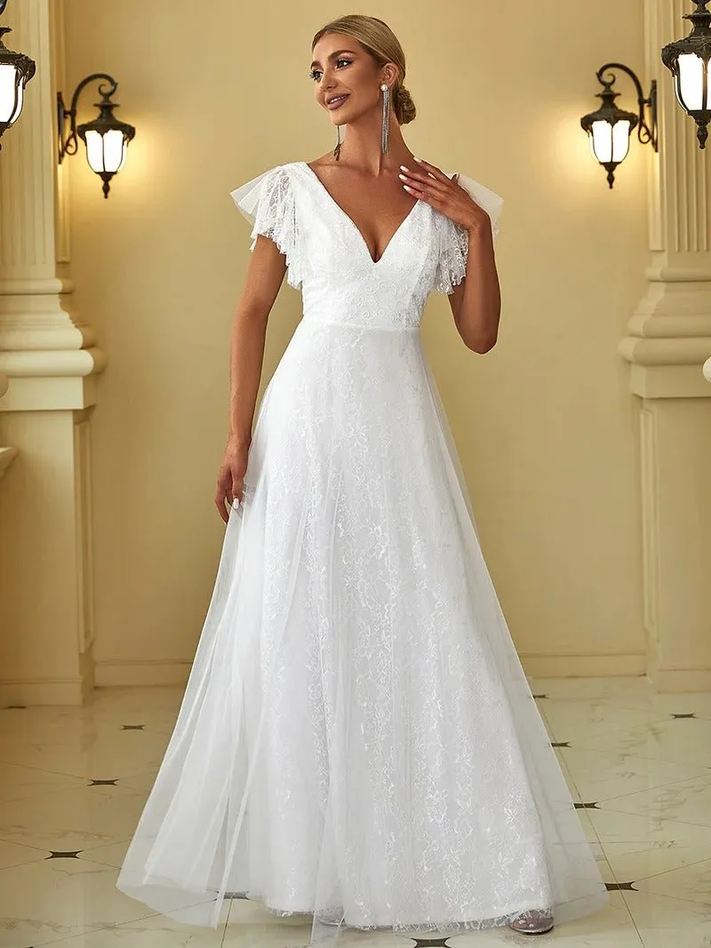 Elegant Maxi Lace Wedding Dress with Ruffle Sleeves