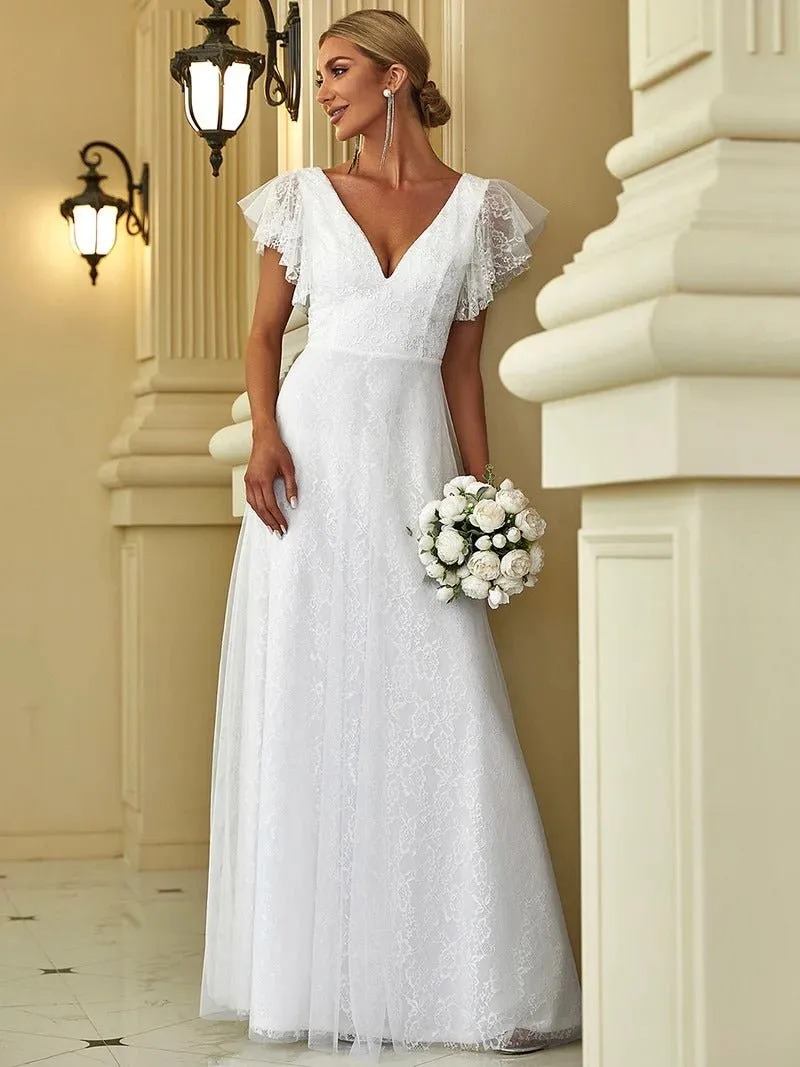 Elegant Maxi Lace Wedding Dress with Ruffle Sleeves