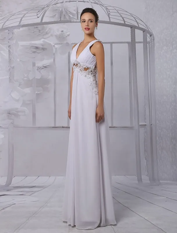 Empire Chiffon V-Neck Illusion Back Wedding Dress With Floral Applique Exclusive