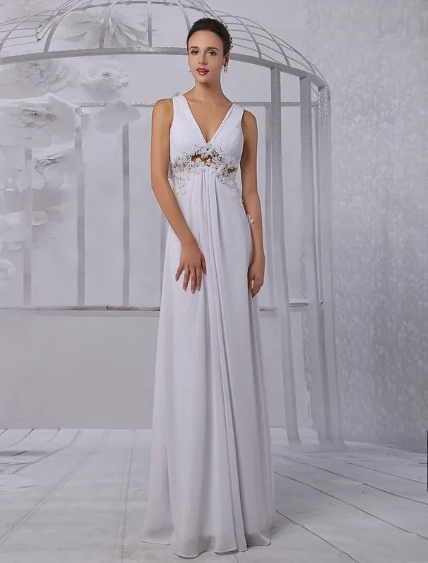 Empire Chiffon V-Neck Illusion Back Wedding Dress With Floral Applique Exclusive