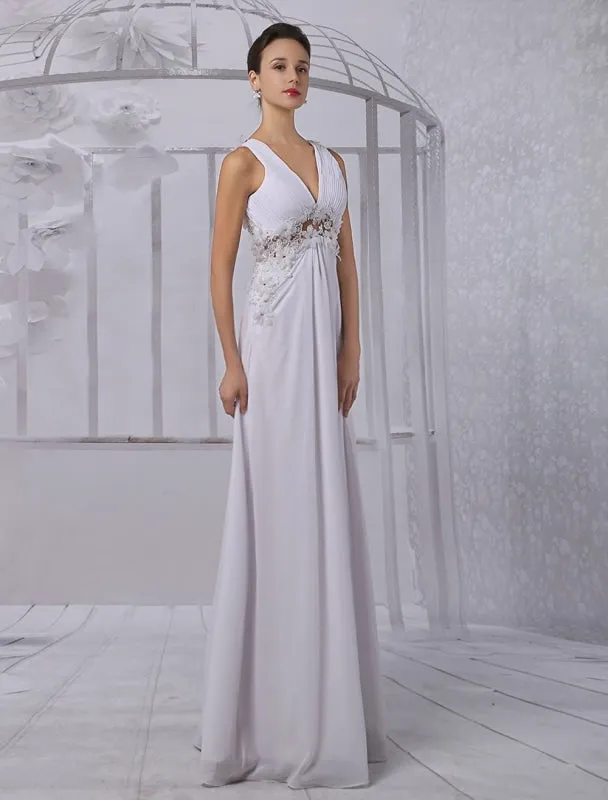 Empire Chiffon V-Neck Illusion Back Wedding Dress With Floral Applique Exclusive