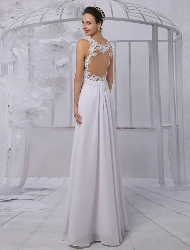 Empire Chiffon V-Neck Illusion Back Wedding Dress With Floral Applique Exclusive