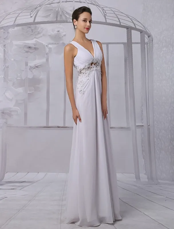 Empire Chiffon V-Neck Illusion Back Wedding Dress With Floral Applique Exclusive