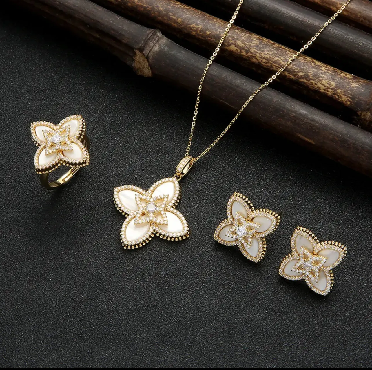 Flower Necklace Earring Bangle Ring Jewelry Sets For Women S4570314