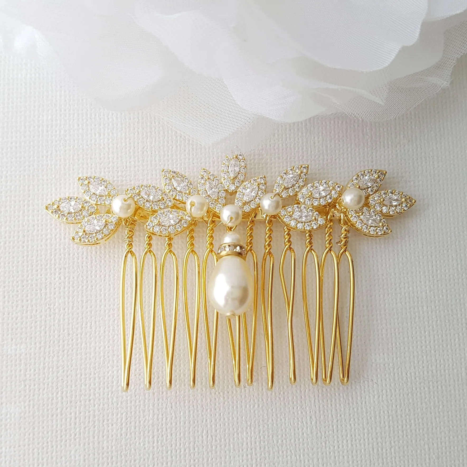 Gold Hair Comb for Weddings with Pearl & Crystals-Abby