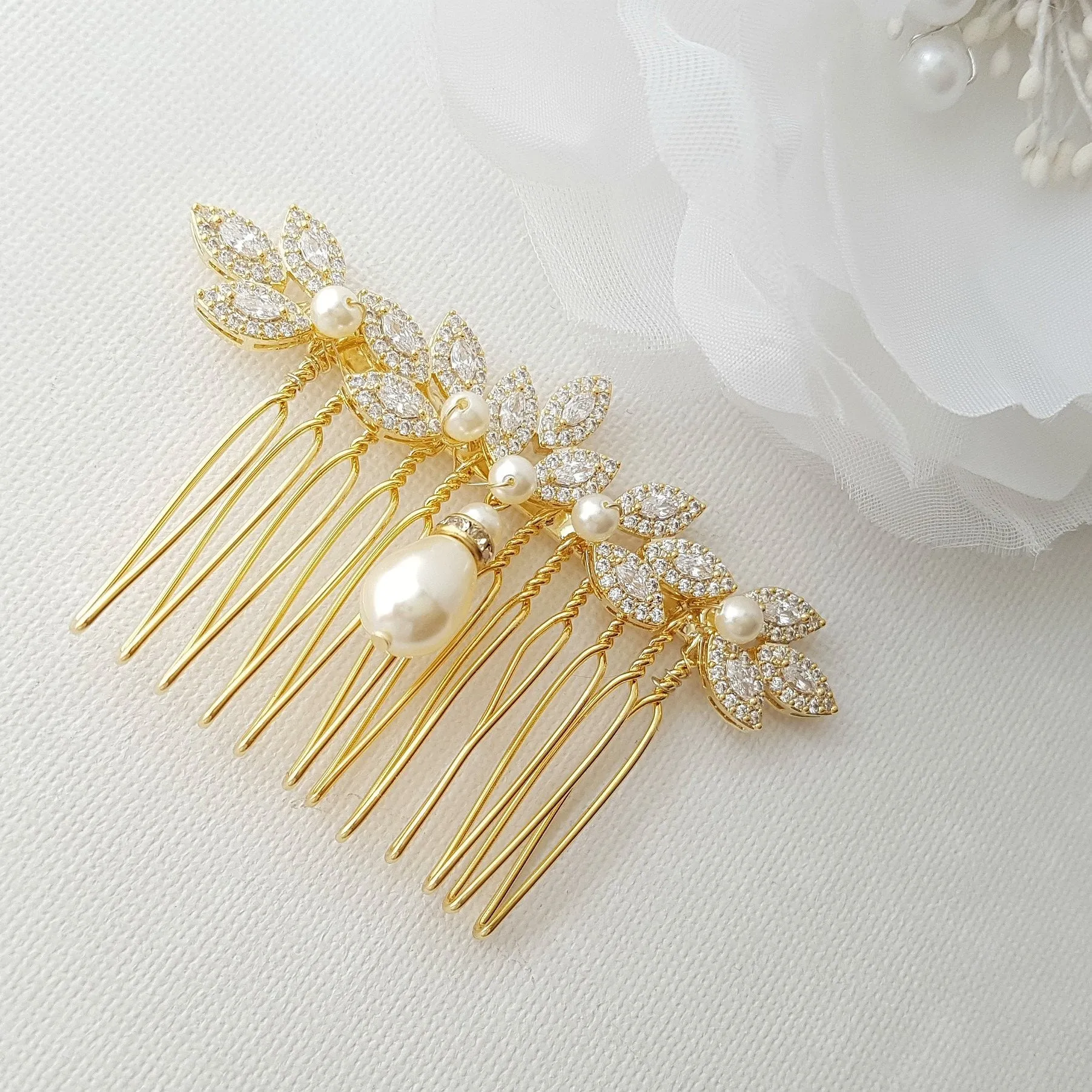 Gold Hair Comb for Weddings with Pearl & Crystals-Abby