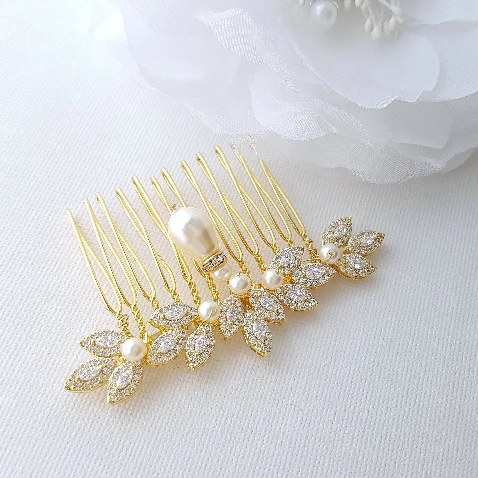 Gold Hair Comb for Weddings with Pearl & Crystals-Abby