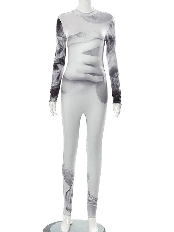 Hand Print Long Sleeve Mock Neck Jumpsuit