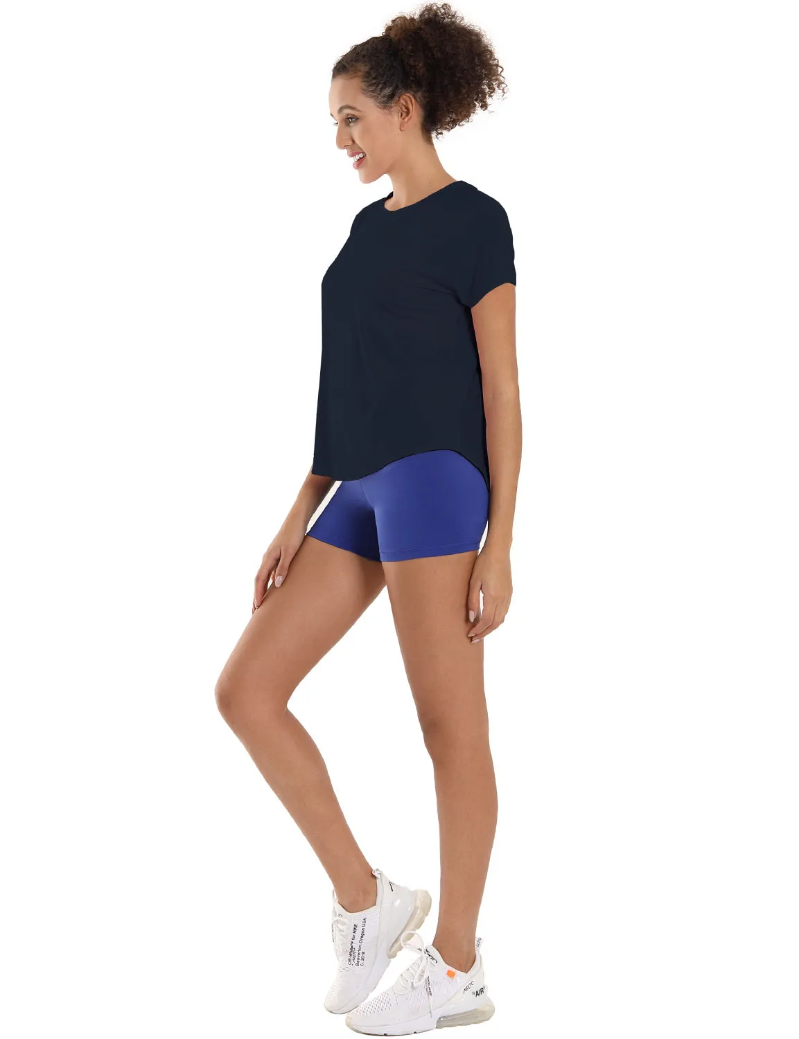 Hip Length Short Sleeve Shirt darknavy_yogastudio