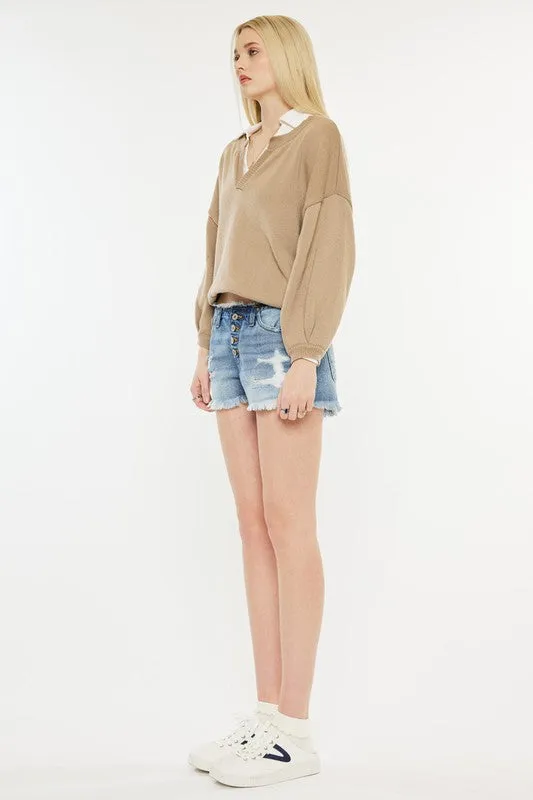 KanCan Low Rise WB Detail Button Down Shorts Jeans