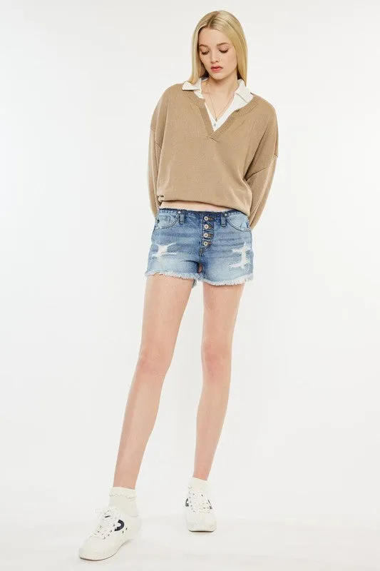 KanCan Low Rise WB Detail Button Down Shorts Jeans