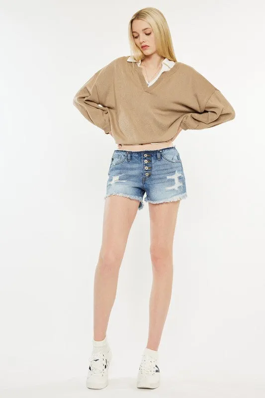 KanCan Low Rise WB Detail Button Down Shorts Jeans