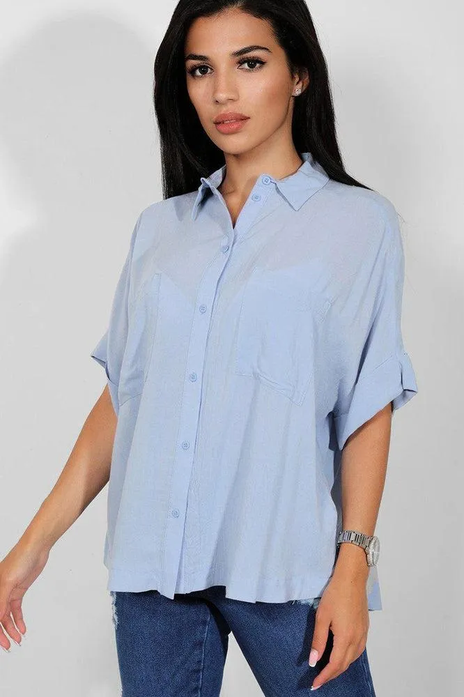 Light Blue Rolled Short Sleeves Lazy Fit Shirt