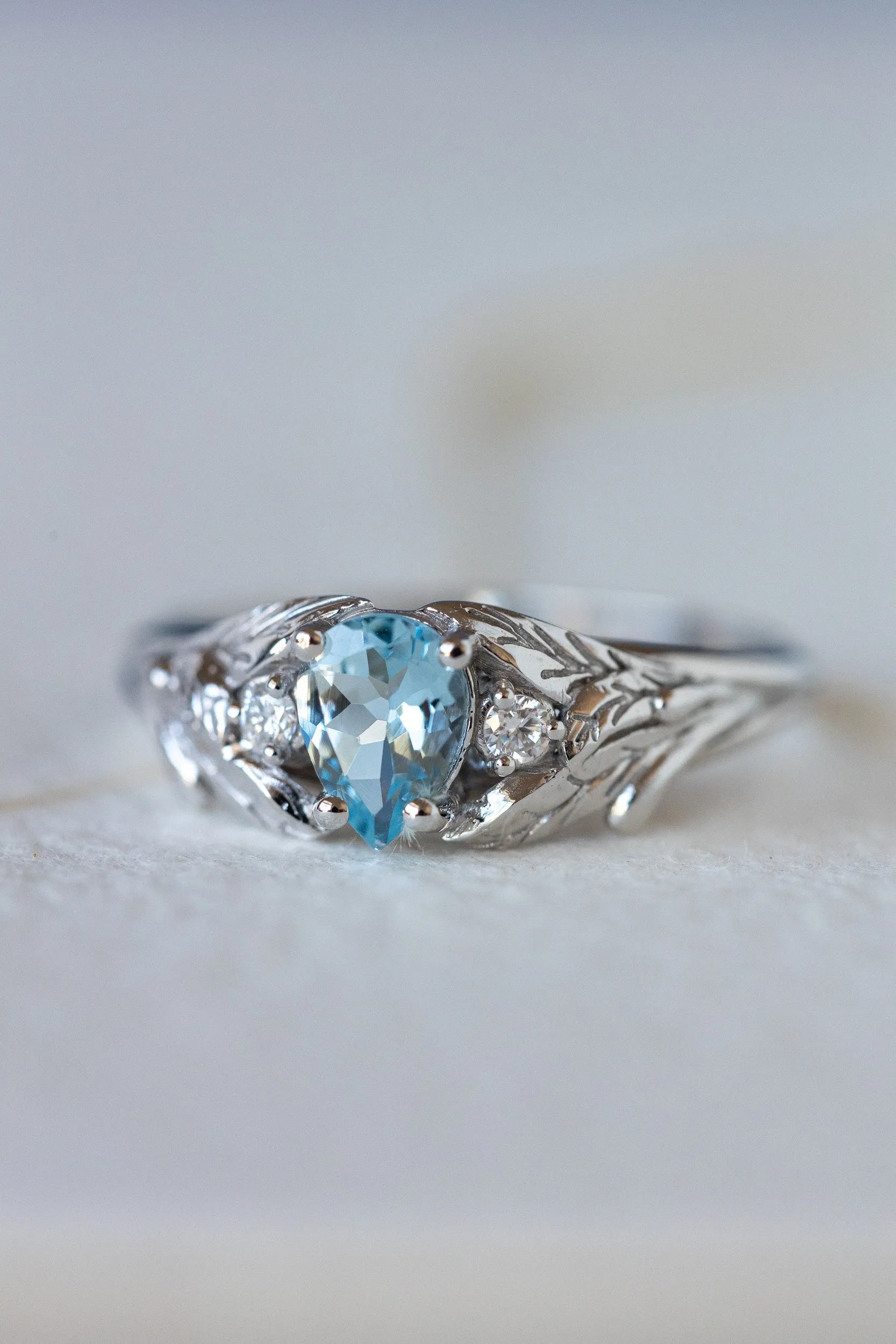 Natural aquamarine engagement ring, white gold leaf ring with accent diamonds / Wisteria