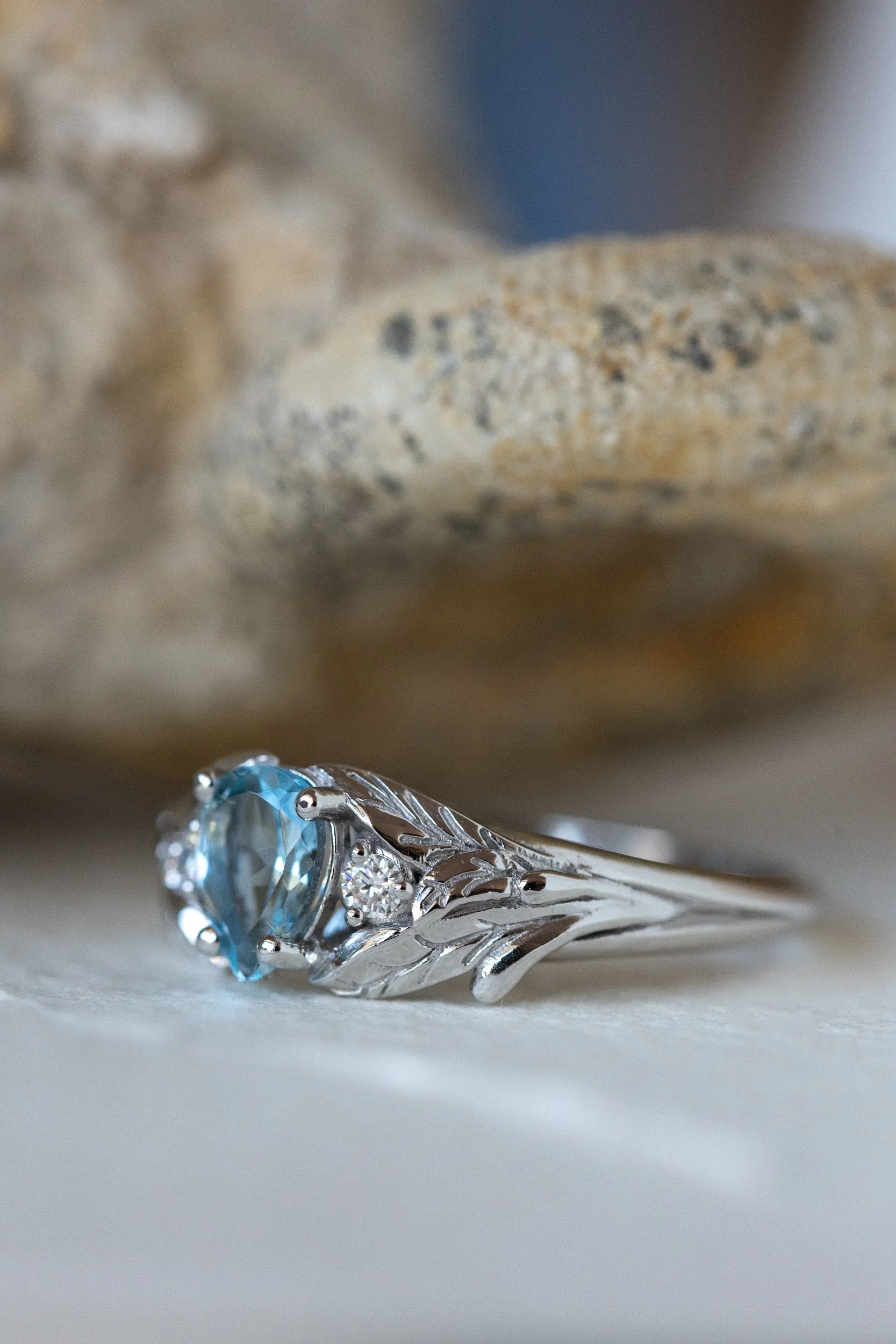 Natural aquamarine engagement ring, white gold leaf ring with accent diamonds / Wisteria