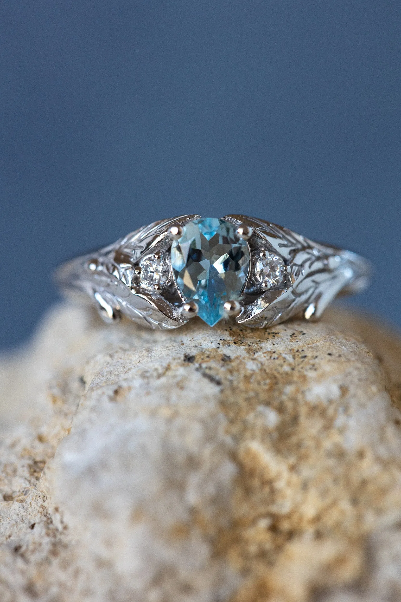 Natural aquamarine engagement ring, white gold leaf ring with accent diamonds / Wisteria