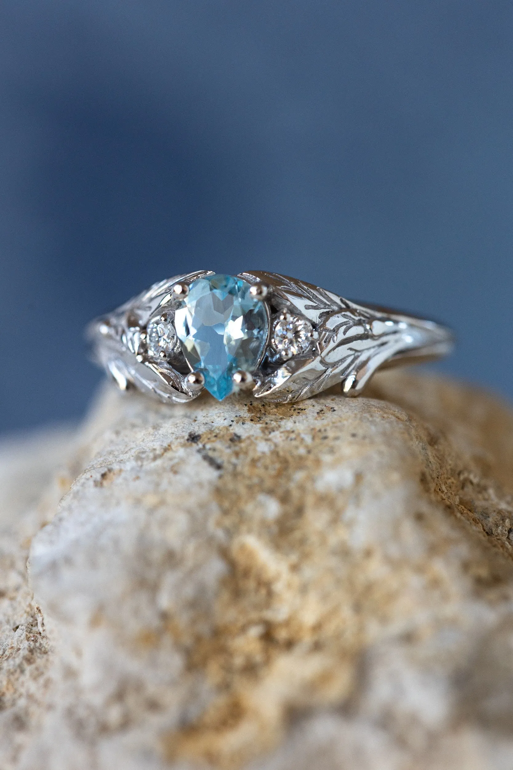 Natural aquamarine engagement ring, white gold leaf ring with accent diamonds / Wisteria