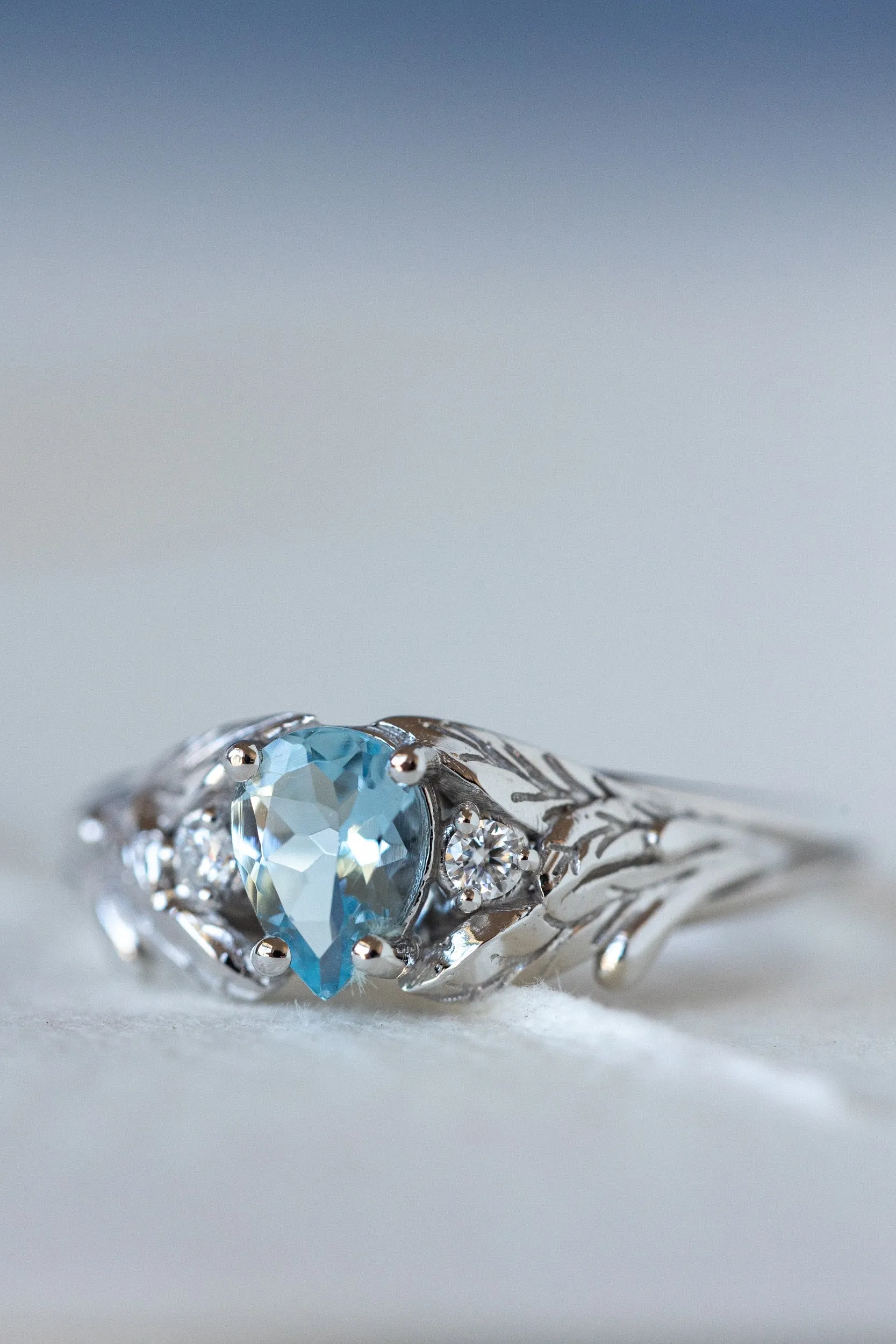 Natural aquamarine engagement ring, white gold leaf ring with accent diamonds / Wisteria