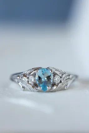 Natural aquamarine engagement ring, white gold leaf ring with accent diamonds / Wisteria