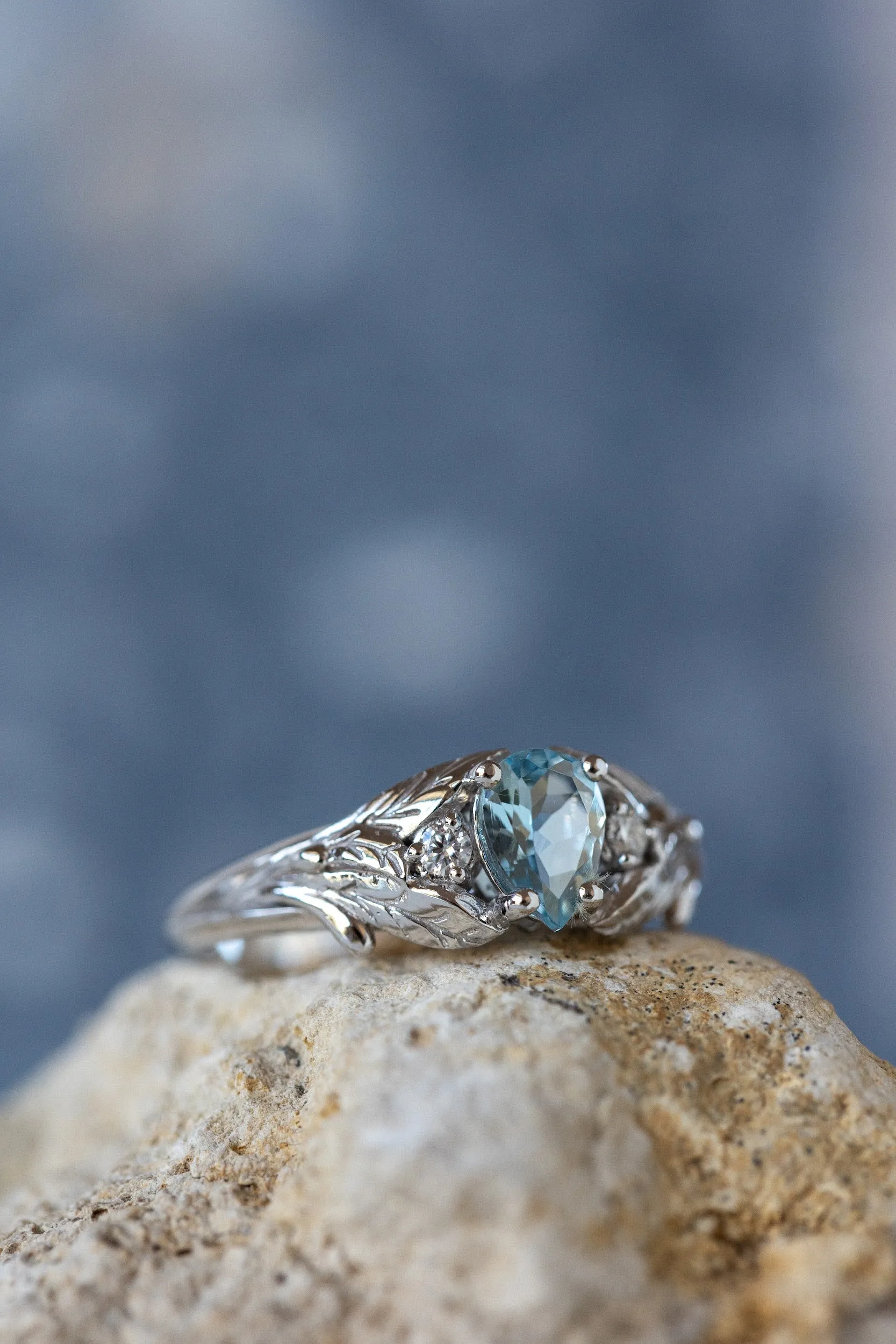 Natural aquamarine engagement ring, white gold leaf ring with accent diamonds / Wisteria