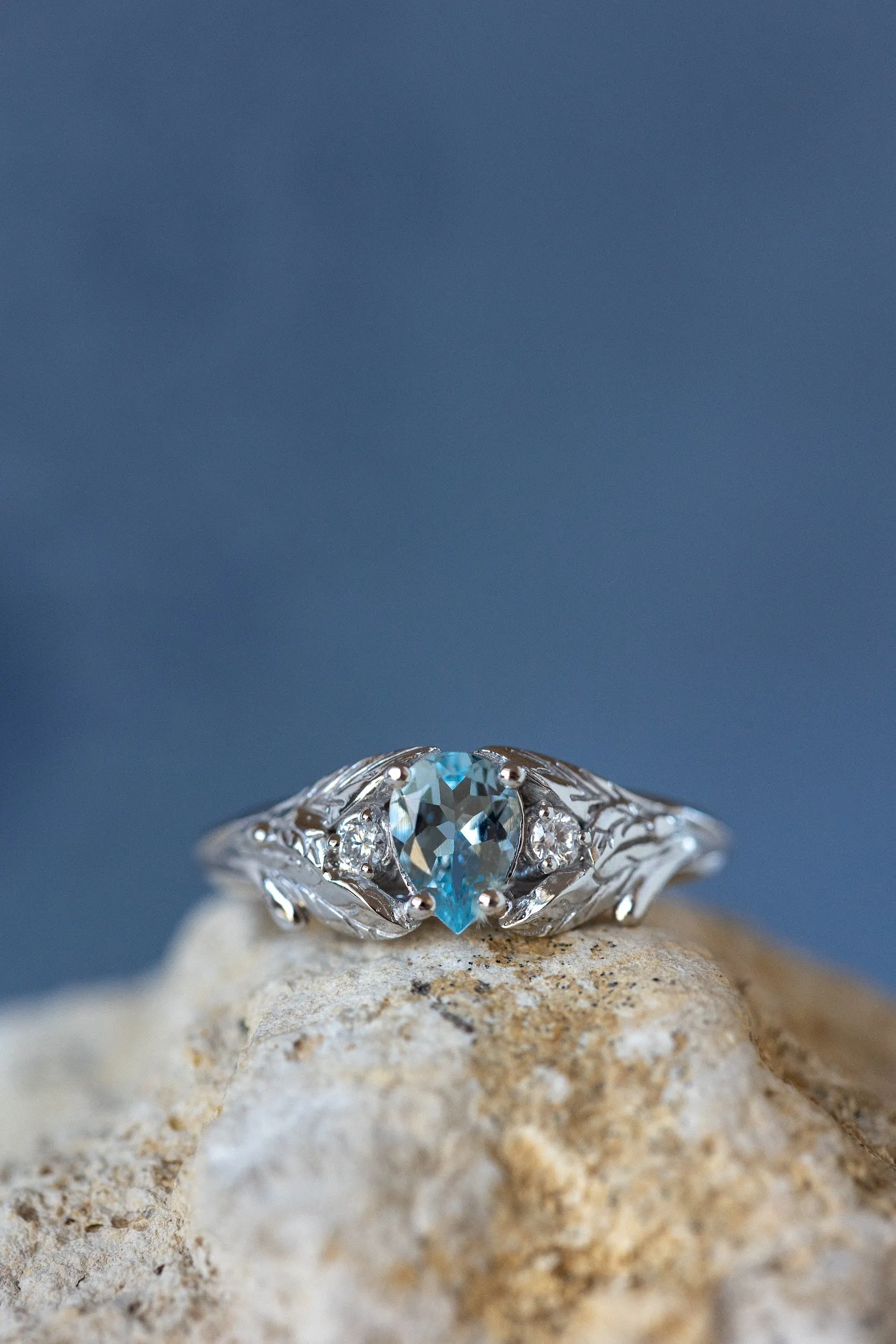 Natural aquamarine engagement ring, white gold leaf ring with accent diamonds / Wisteria