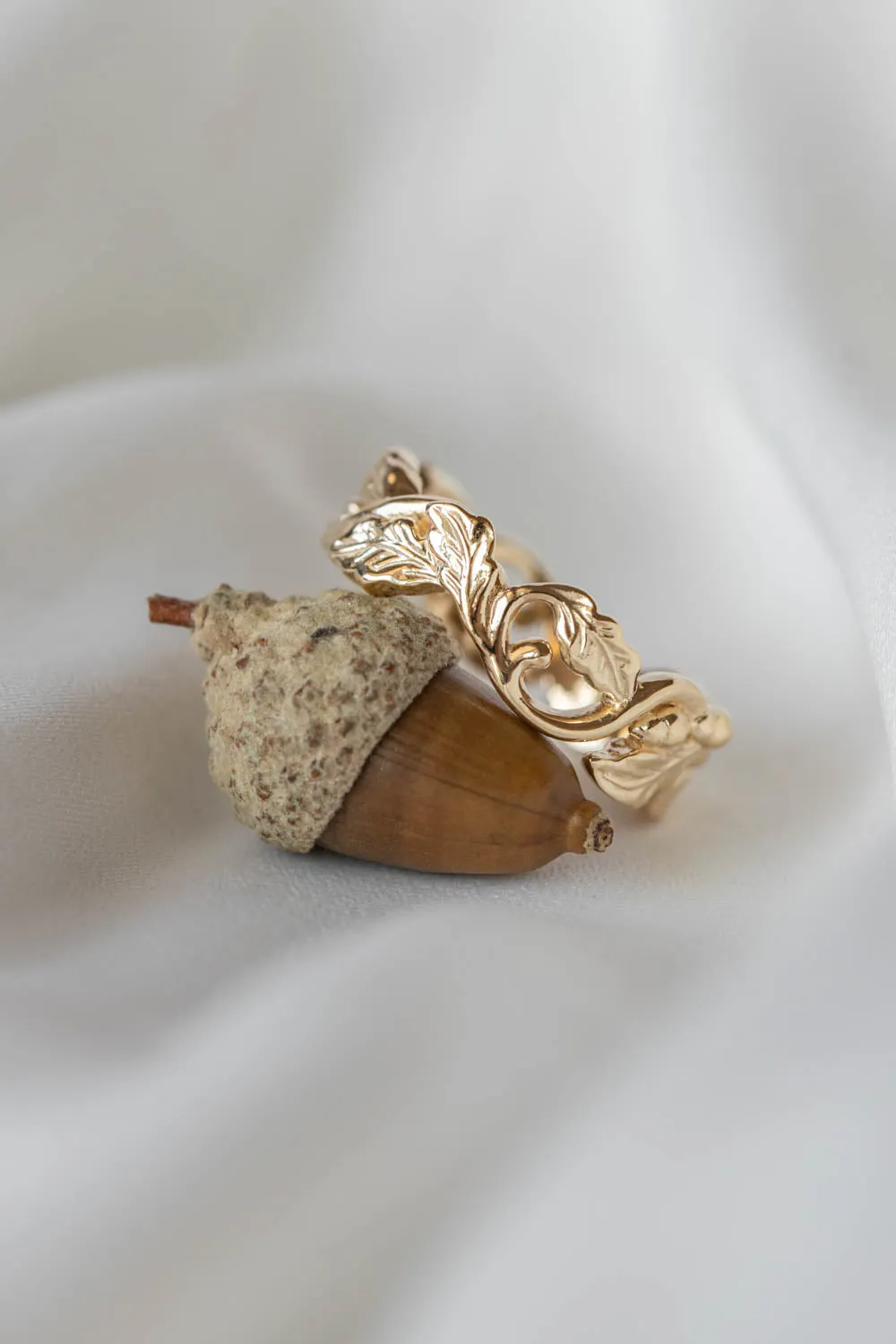 Oak leaves and acorns rings set, wedding bands for couple, ver2