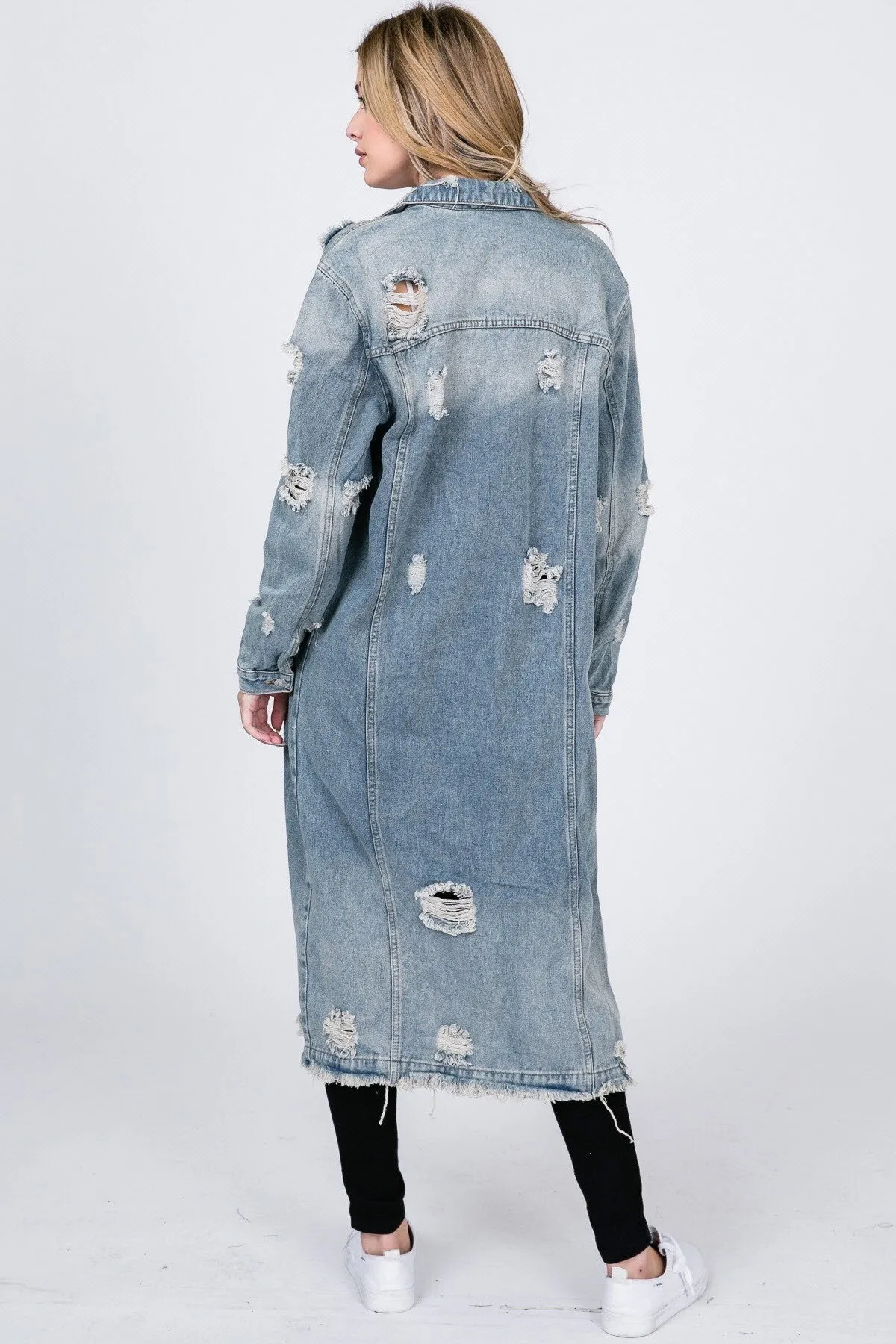 Out And About Maxi Distressed Denim Coat - PLUS