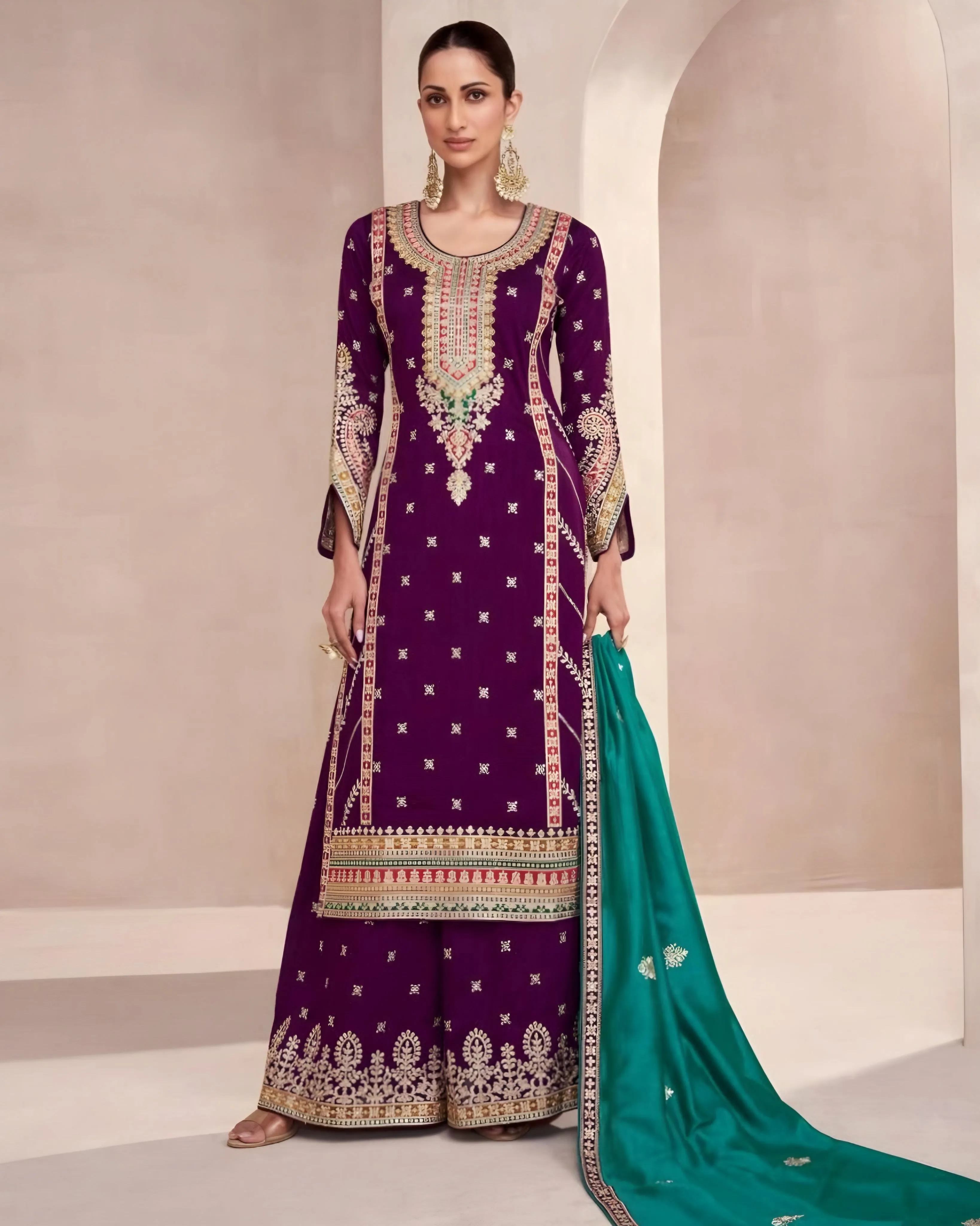 Premium Silk Embroidered Palazzo Suits Wine