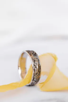 READY TO SHIP: Leaf wedding band in 14K white gold with black rhodium plating, RING SIZE 8.5 US