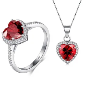 Red Heart Crystal 925 Sterling Silver Necklace & Ring Fashion Wedding Jewelry Set