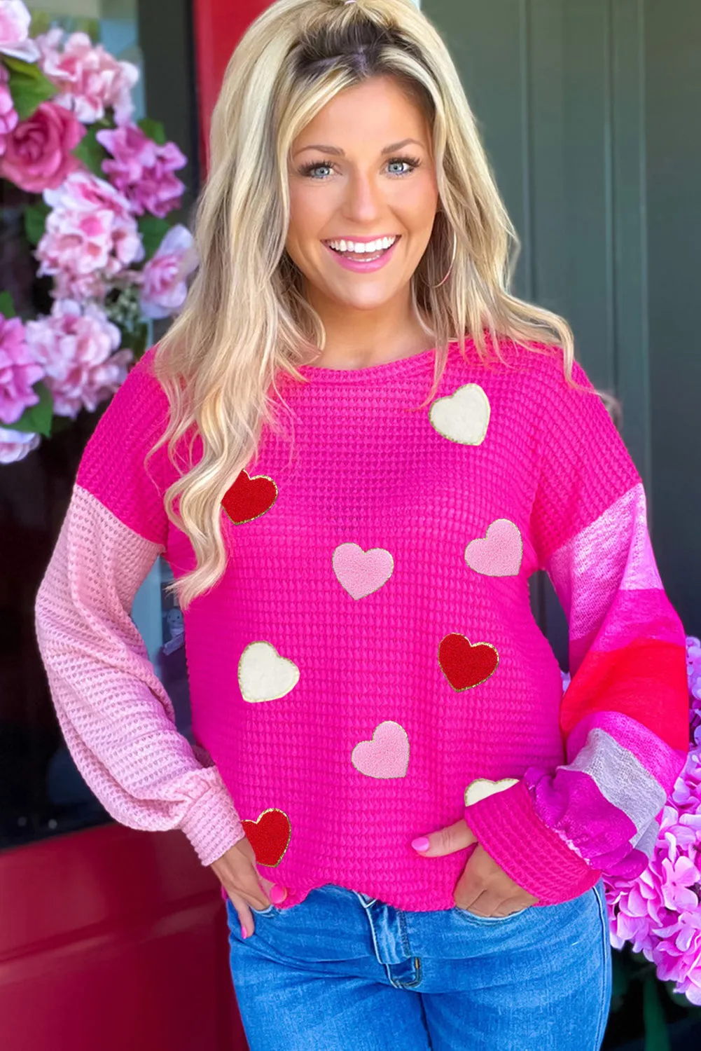 Rose Valentine Heart Graphic Color Block Sleeve Waffle Knit Top