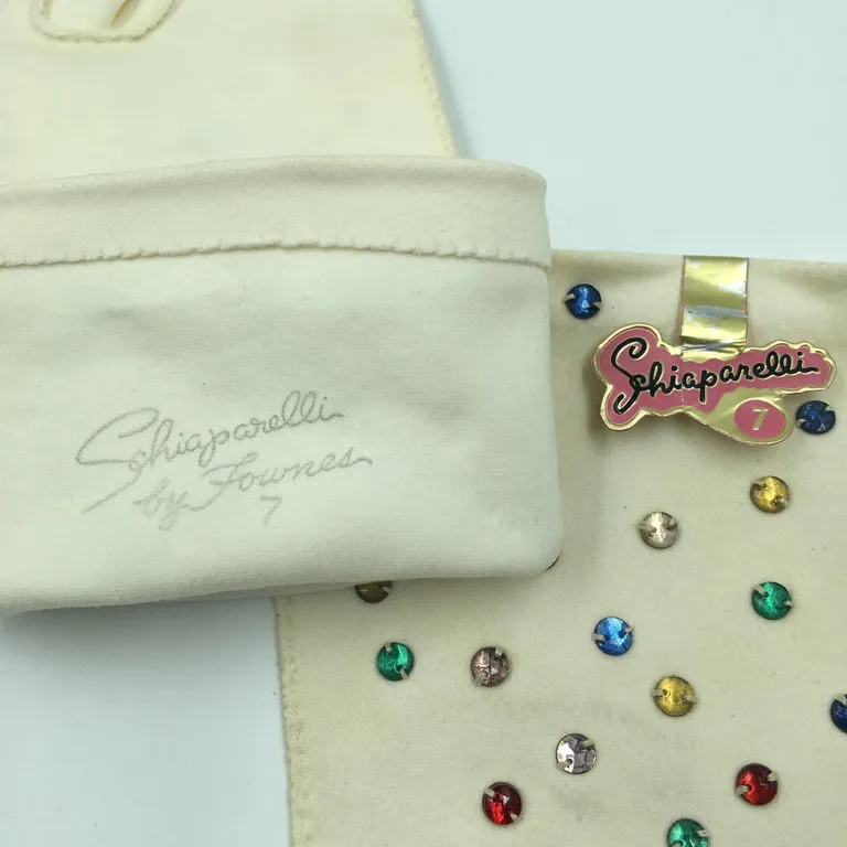 Schiaparelli by Fownes Cream Gloves w Hand Sewn Beaded Rhinestones Orignal tag